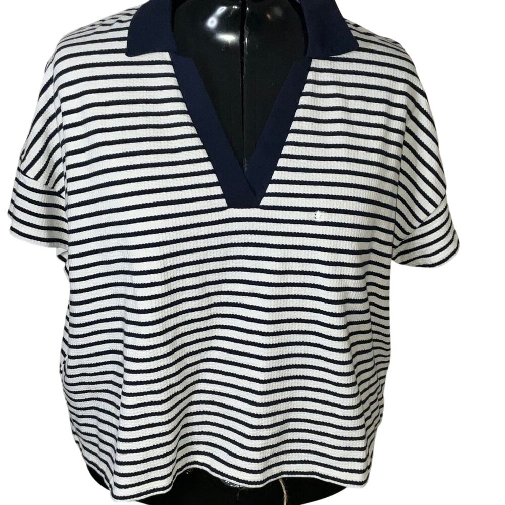 Maurices Cream Navy Striped Cropped V-Neck Polo Top 2X NWOT Plus